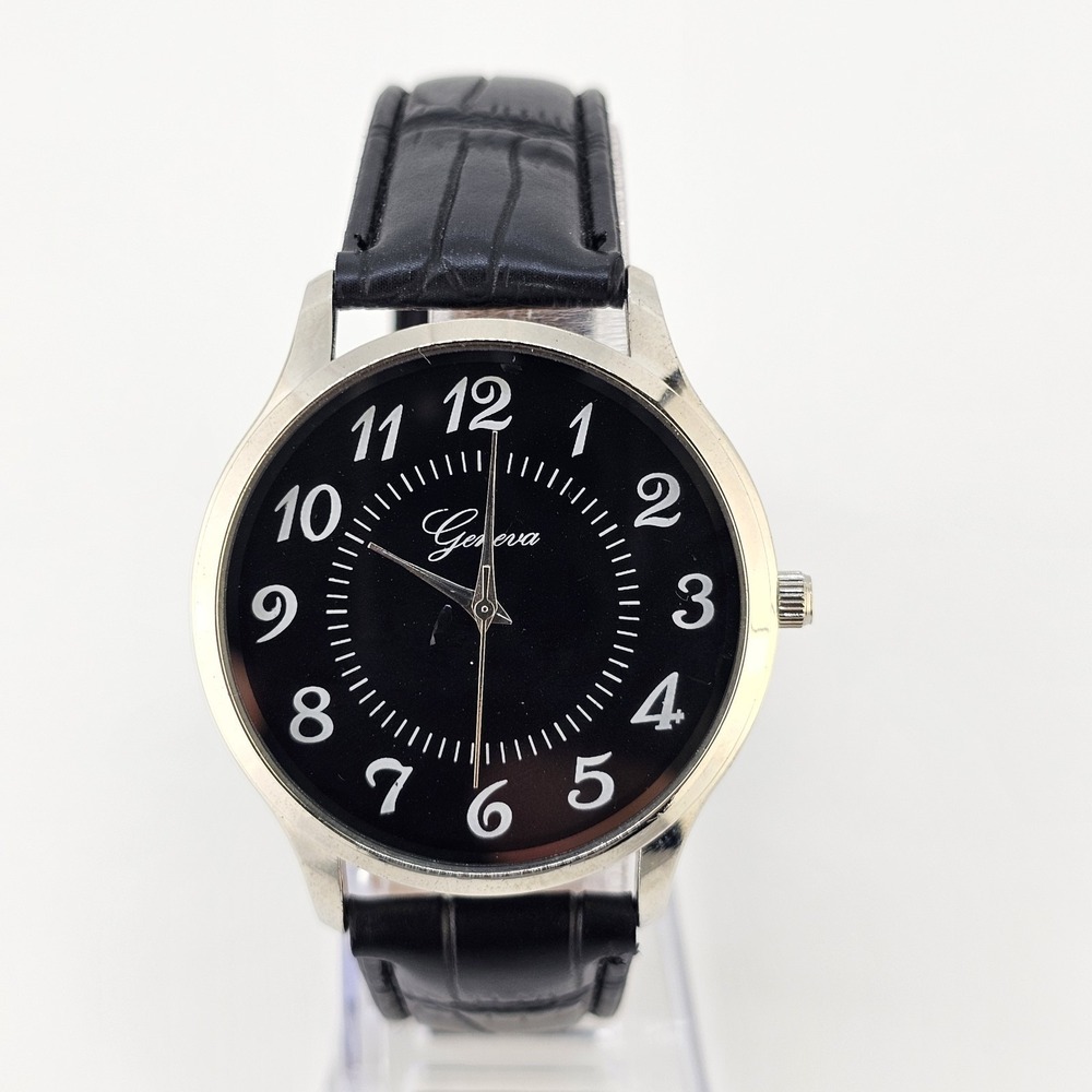 Men Easy Read Watch Analog 40MM Black Dial Black‎ Faux Leather Bands New Battery